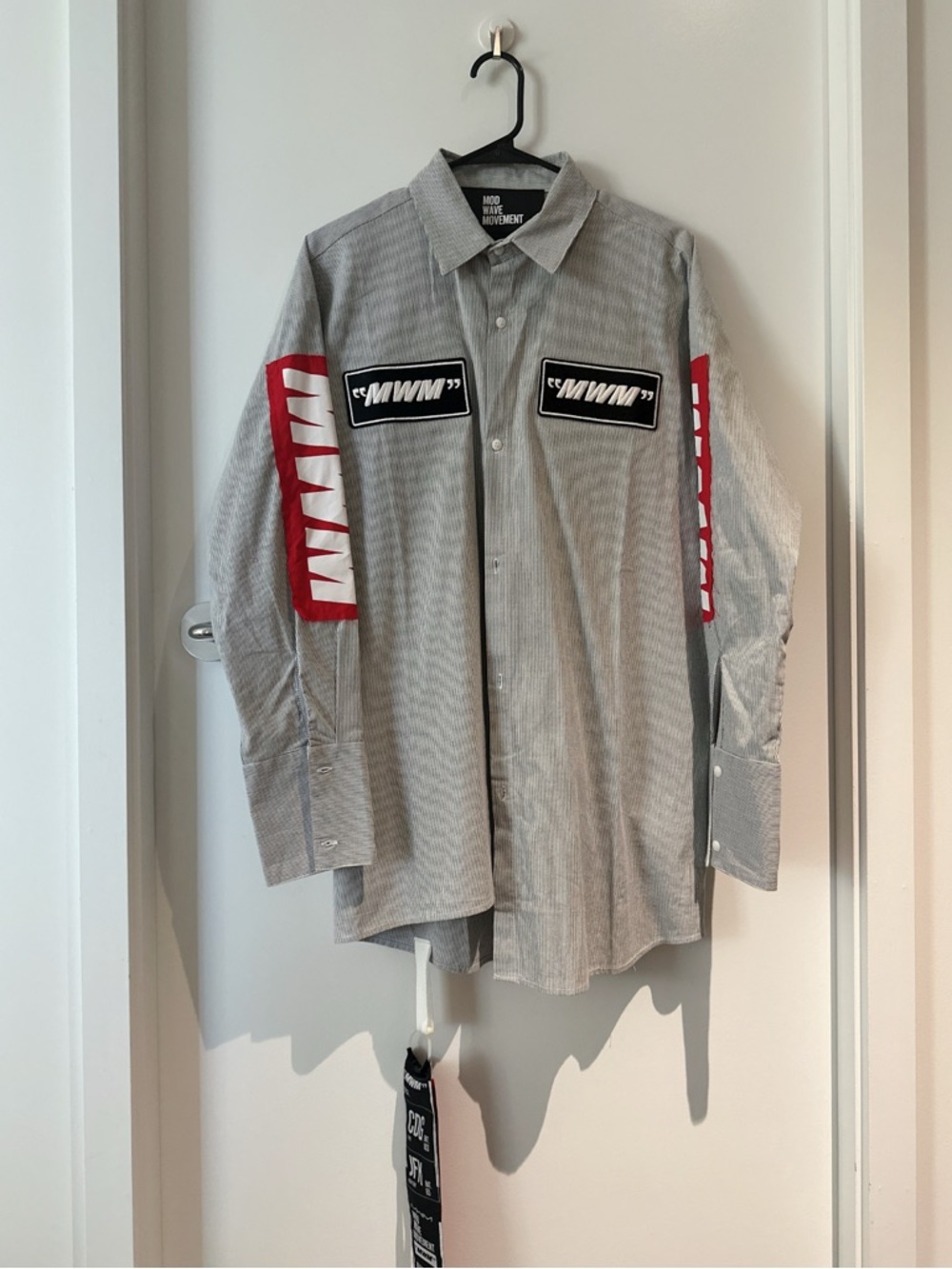 Gray Button-Down Shirt with Red Sleeve Panels